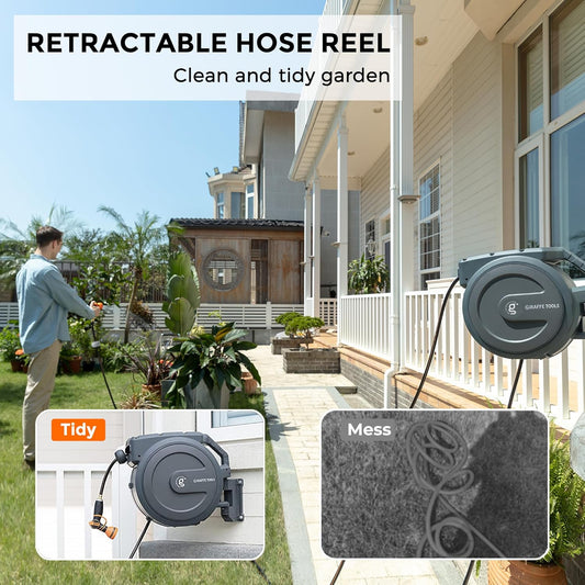 Retractable Garden Hose Reel 1/2" x 130ft | Wall Mount & 180 Degree Swivel Bracket